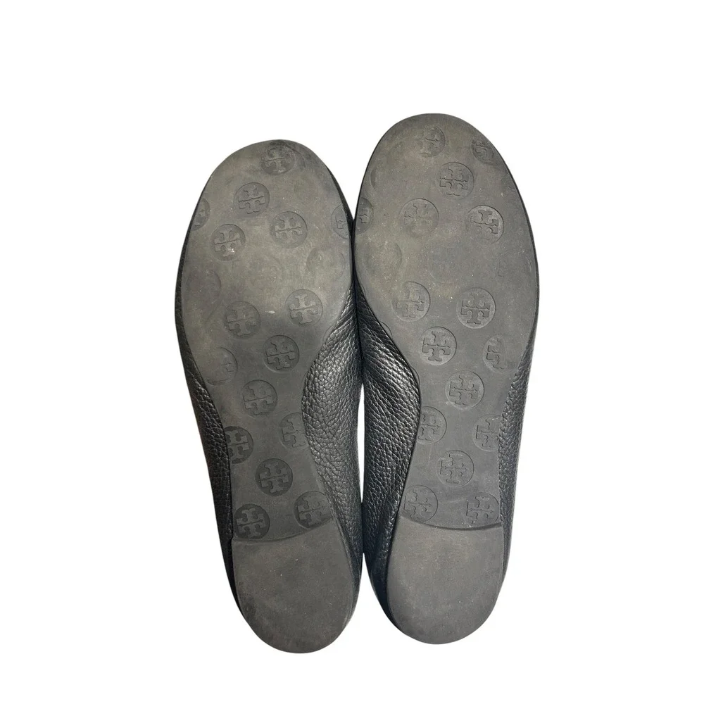 Tory Burch Minnie Travel Ballet Flats Black Pebbled Leather Logo Size 10M chic